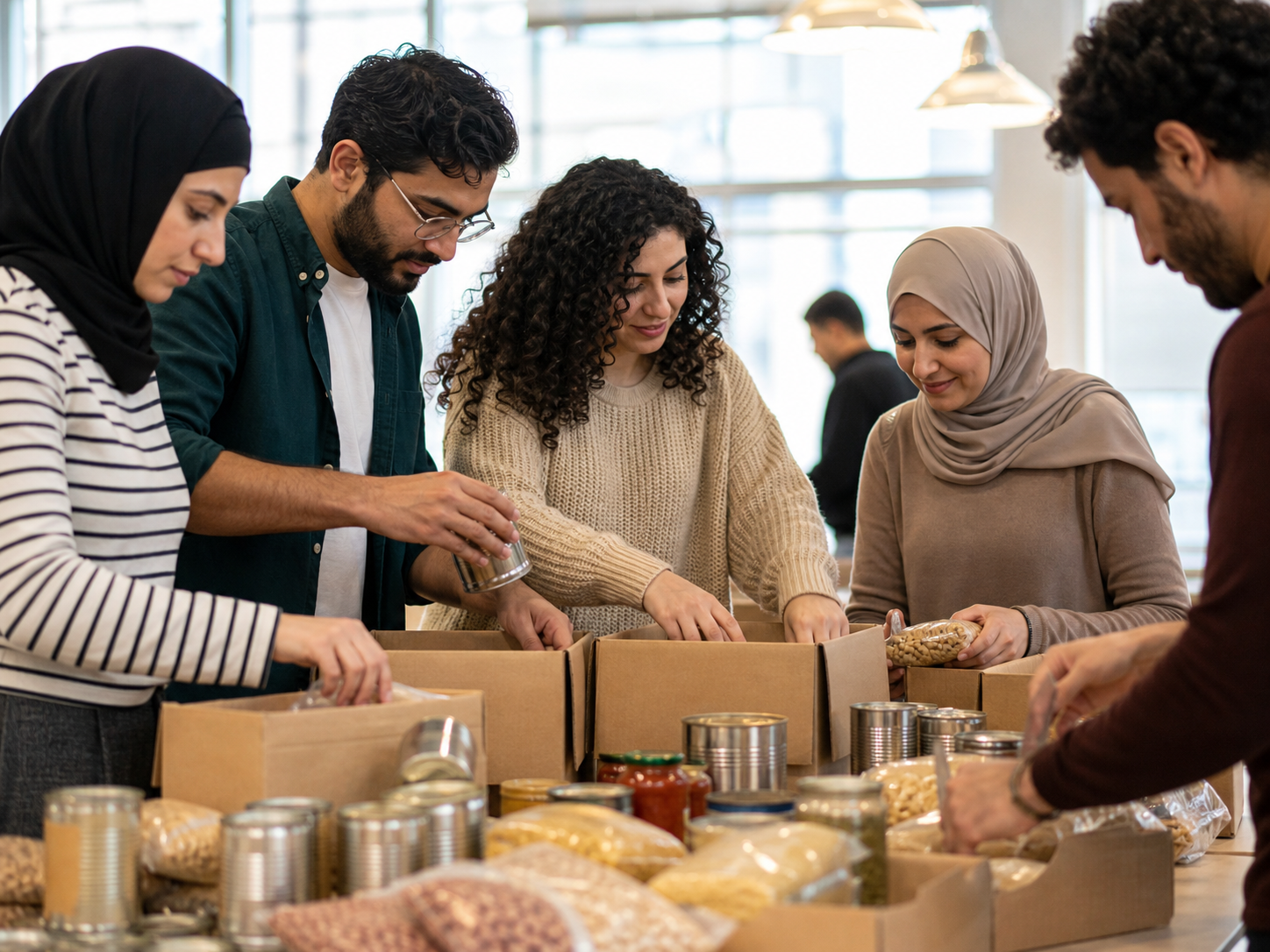 Volunteers preparing food and relief boxes together