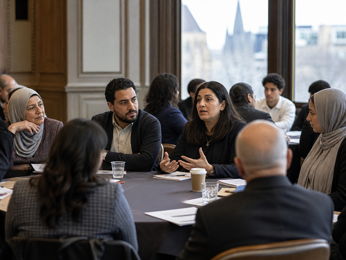 Community members in a thoughtful civic roundtable conversation