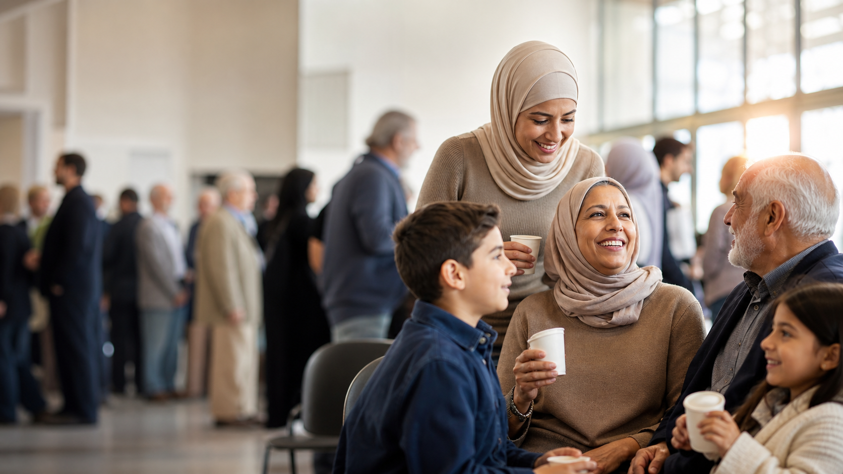 Canadian Arab community members gathered in a bright civic space